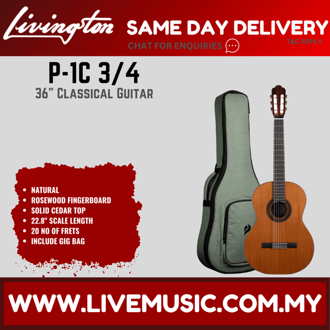 Livingston P-1C 3/4 36" Solid Cedar Top Classical Guitar, Rosewood FB, Natural ( P 1C P1C )