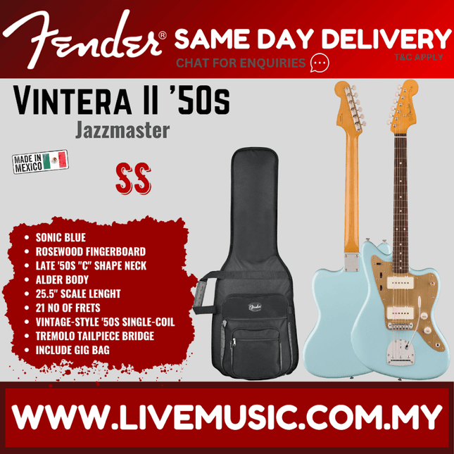 Fender Vintera II 50s Jazzmaster Electric Guitar, RW FB, Sonic Blue