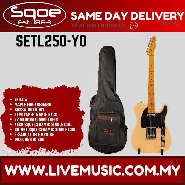SQOE SETL250 Telecaster Electric Guitar w/Gig Bag, Maple FB - Yellow ( SETL-250 / SETL 250 )