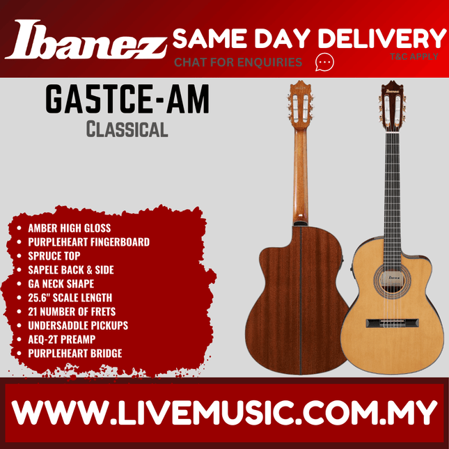 Ibanez GA5TCE-AM Thinline Classical Acoustic-Electric Concert Guitar - Amber High Gloss ( GA5TCE AM / GA5TCEAM )