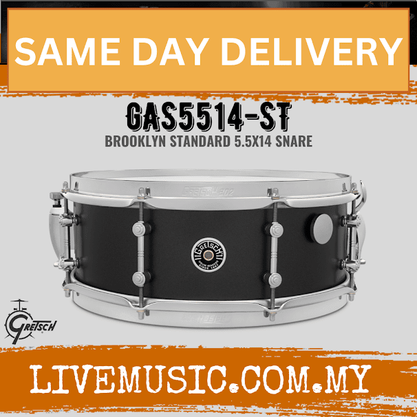 Gretsch GAS5514-ST Brooklyn Standard Snare Drum, Satin Black Metallic