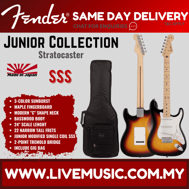 Fender Japan Junior Collection Stratocaster Electric Guitar, Maple FB, 3-Color Sunburst