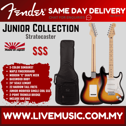 Fender Japan Junior Collection Stratocaster Electric Guitar, Maple FB, 3-Color Sunburst
