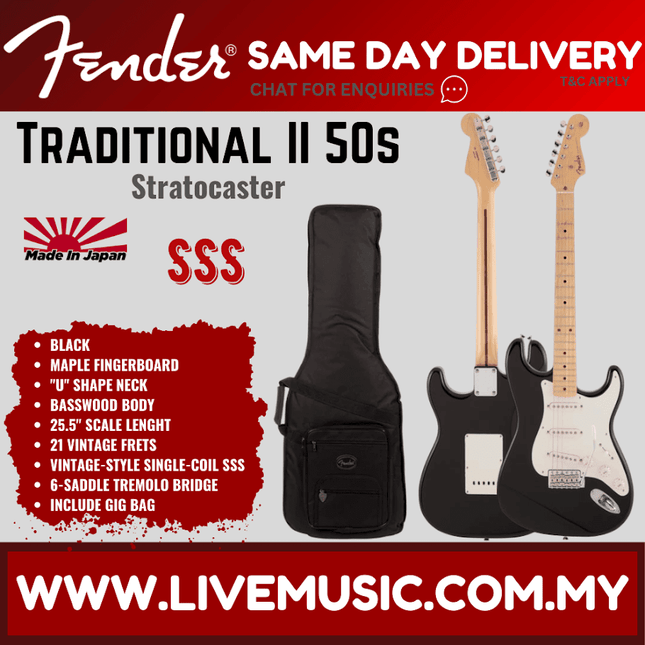 Fender Japan Traditional II 50s Stratocaster Electric Guitar, Maple Fretboard with FREE Gig Bag - Black