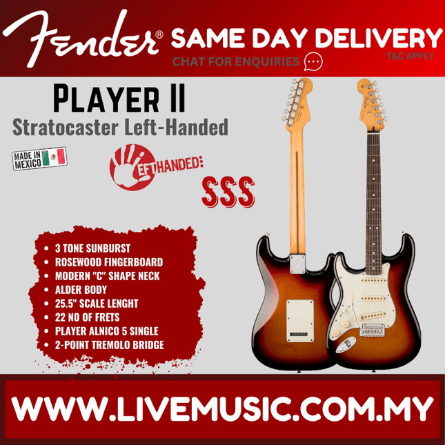 Fender Player II Stratocaster Left-Handed Electric Guitar, RW FB, 3 Tone Sunburst / Polar White / Aquatone Blue