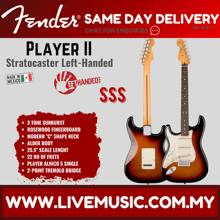 Fender Player II Stratocaster Left-Handed Electric Guitar, RW FB, 3 Tone Sunburst / Polar White / Aquatone Blue