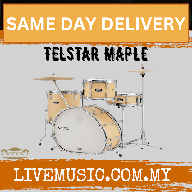 VOX Telstar Maple acoustic drum set with bass drum, toms, and cymbals