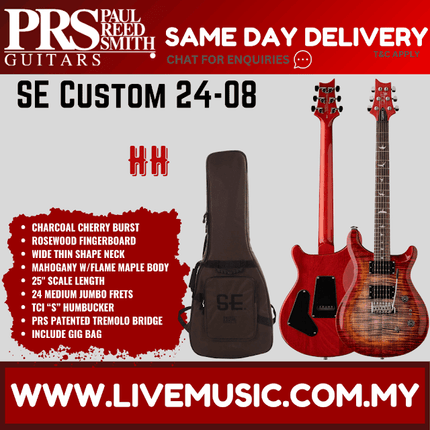 Charcoal cherry burst electric guitar with gig bag, PRS SE Custom 24-08 shown