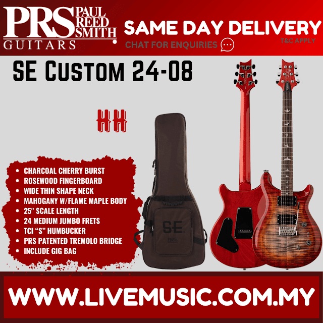Charcoal cherry burst electric guitar with gig bag, PRS SE Custom 24-08 shown