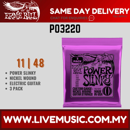 Ernie Ball 3220 Power Slinky Nickel Wound Electric Guitar Strings, 11-48 Gauge, 3-pack