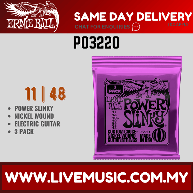 Ernie Ball 3220 Power Slinky Nickel Wound Electric Guitar Strings, 11-48 Gauge, 3-pack