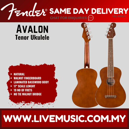 Fender Avalon Tenor Ukulele, Walnut FB, Surf Green / Natural / Cherry / Daphne Blue / Sunburst / Black