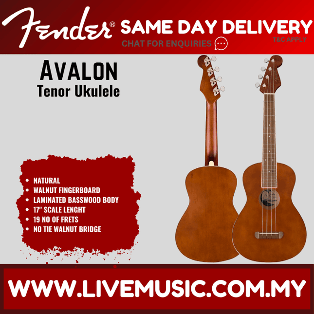 Fender Avalon tenor ukulele in natural wood finish with walnut fingerboard.