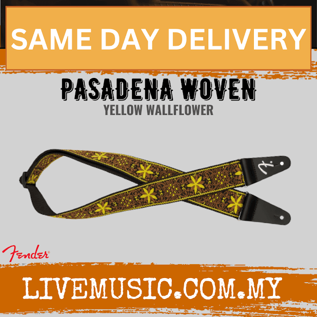 Woven yellow guitar strap with floral pattern and leather ends