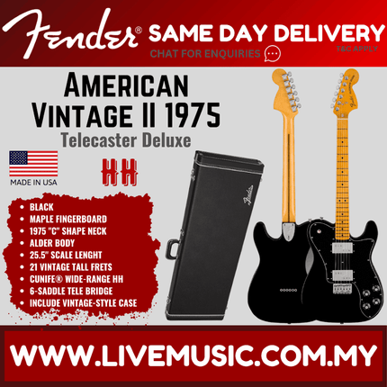 Fender American Vintage II 75 Telecaster Deluxe Electric Guitar, Maple FB, Black