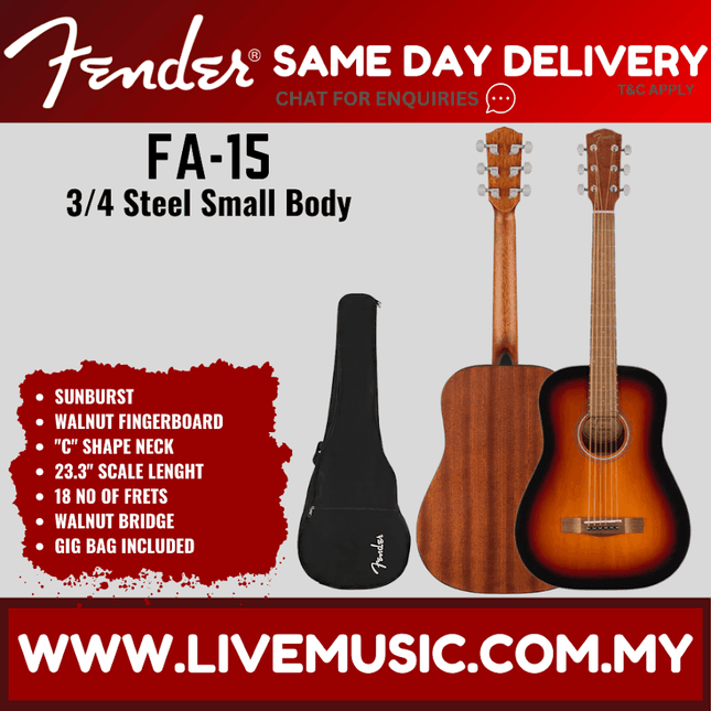 Fender Limited Edition FA-15 3/4 Size Steel String Acoustic Guitar w/ Gig Bag, Sunburst ( FA15 )