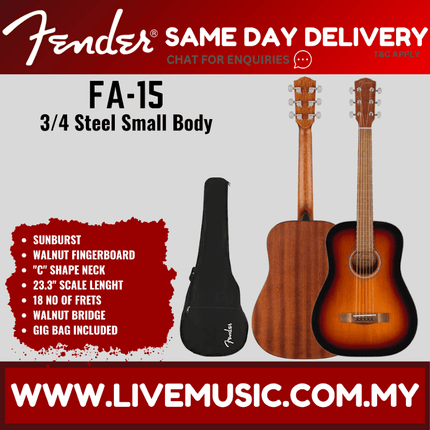 Fender Limited Edition FA-15 3/4 Size Steel String Acoustic Guitar w/ Gig Bag, Sunburst ( FA15 )