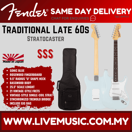 Fender Japan MIJ Traditional Late 60s Stratocaster Electric Guitar, RW FB, Sonic Blue