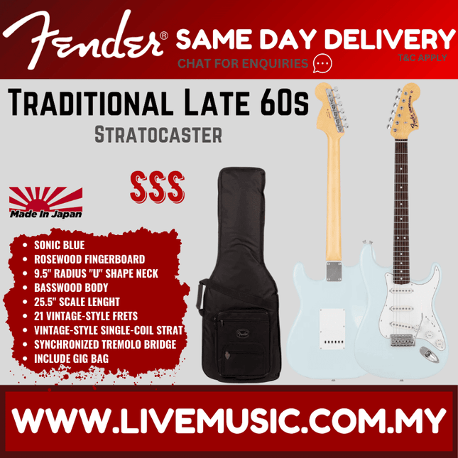 Fender Japan MIJ Traditional Late 60s Stratocaster Electric Guitar, RW FB, Sonic Blue