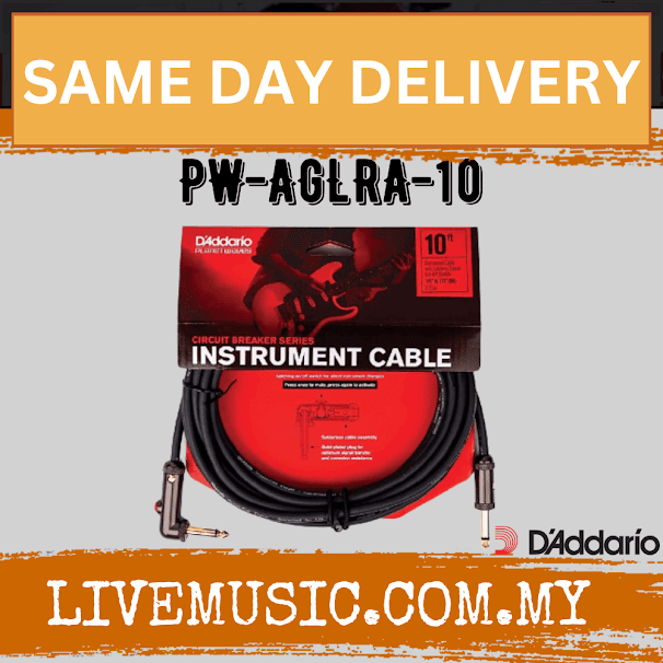 D'addario PW-AGLRA-10 Circuit Breaker Instrument Cable, Straight to Right-angle With Latching Switch, 10ft ( PWAGLRA10 )