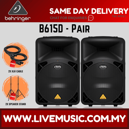 Behringer Eurolive B615D 1500W 15" Powered Speaker w/Wireless Mic, Speaker Stand and Cable - Pair ( B-615D / B 615D )