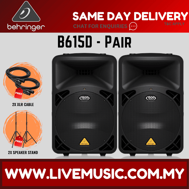 Behringer Eurolive B615D 1500W 15" Powered Speaker w/Wireless Mic, Speaker Stand and Cable - Pair ( B-615D / B 615D )