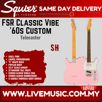 Squier FSR Classic Vibe 60s Custom Telecaster Electric Guitar, Laurel FB, Shell Pink