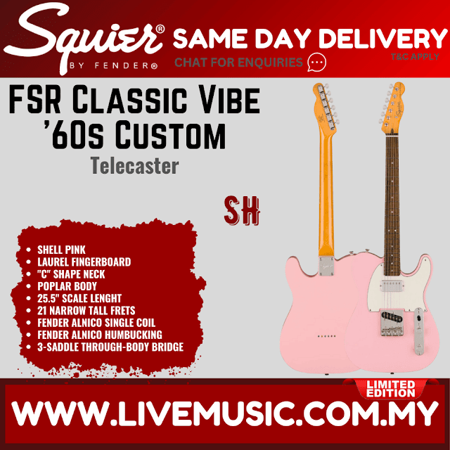 Squier FSR Classic Vibe 60s Custom Telecaster Electric Guitar, Laurel FB, Shell Pink