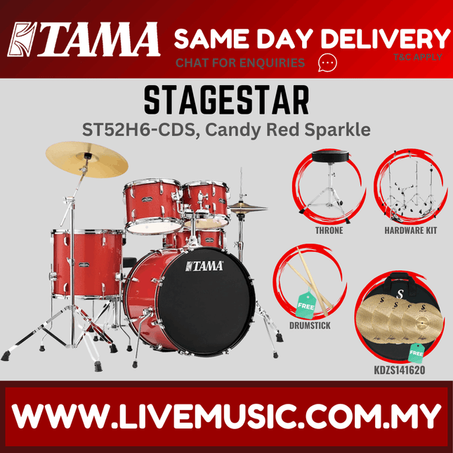 Tama StageStar 5-piece drum set with throne and cymbals, candy red sparkle.