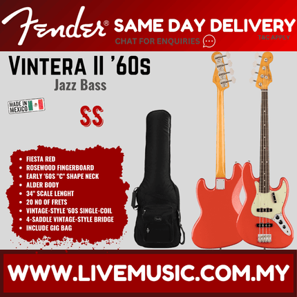 Fender Vintera II 60s Jazz Bass Guitar, RW FB, Fiesta Red / Black / Lake Placid Blue