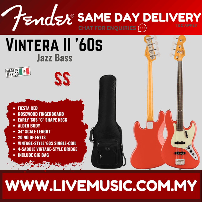 Fender Vintera II 60s Jazz Bass Guitar, RW FB, Fiesta Red / Black / Lake Placid Blue