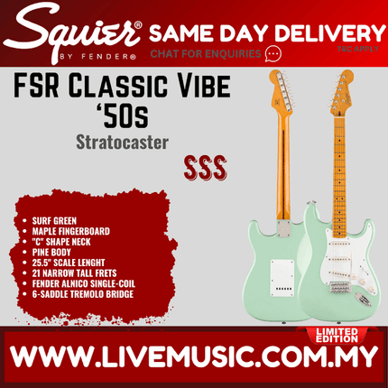 Squier FSR Classic Vibe 50s Stratocaster Electric Guitar, Maple FB, Surf Green