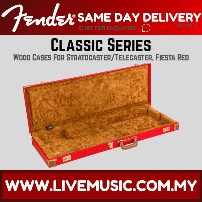 Fiesta red Fender wood guitar case with open lid and padded interior