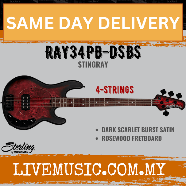 Sterling Ray34PB Stingray 4-String Electric Bass Guitar Rosewood Fretboard - Dark Scarlet Burst Satin (Ray-34PB)