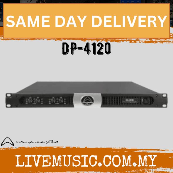 Black DP-4120 quad-channel power amplifier front panel with controls and display