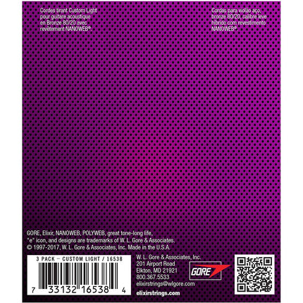 Elixir 16538 Nanoweb 80/20 Bronze Custom Light Acoustic Guitar Strings - 3 Pack (11-52)