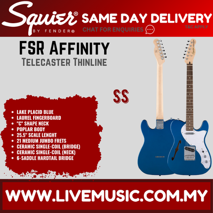 Squier FSR Affinity Series Telecaster Thinline Electric Guitar, Laurel FB, Lake Placid Blue