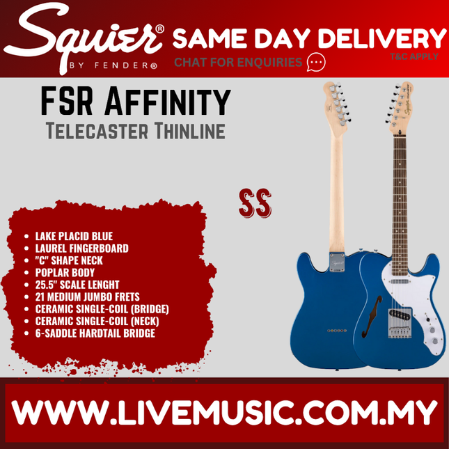 Squier FSR Affinity Series Telecaster Thinline Electric Guitar, Laurel FB, Lake Placid Blue