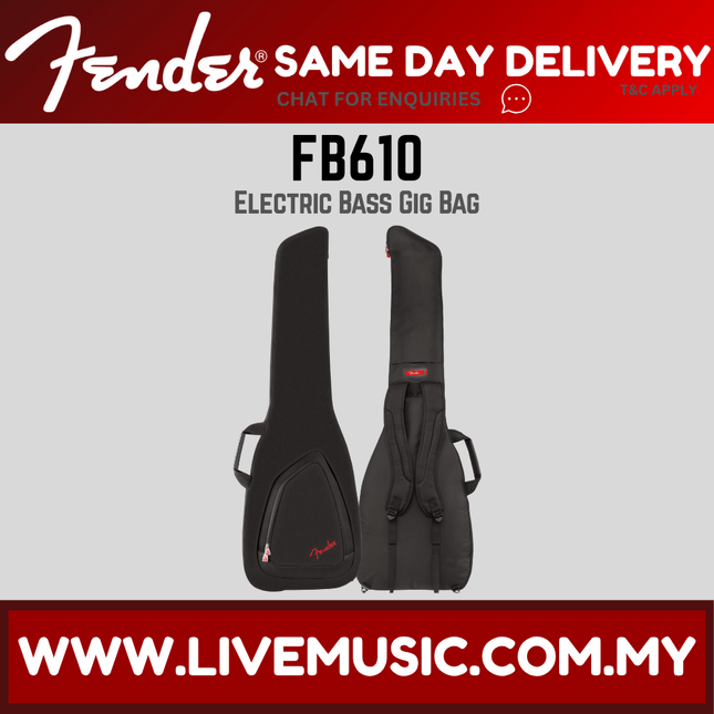 Fender electric bass gig bag, black with zippered compartments and padded body