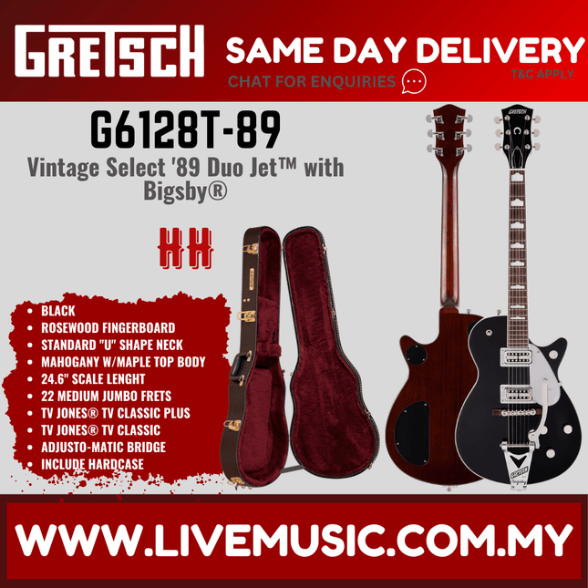 Gretsch G6128T-89 Vintage Select '89 Duo Jet Electric Guitar, RW FB, Black