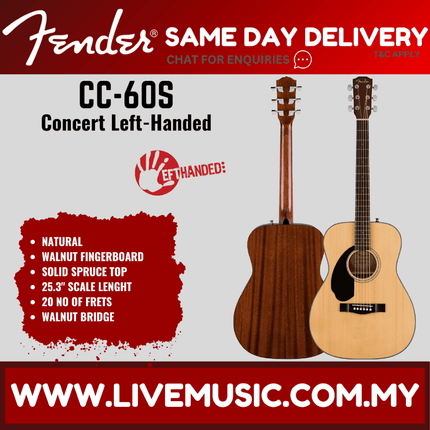 Fender CC-60S Concert Left-Handed Acoustic Guitar, Walnut FB, Natural
