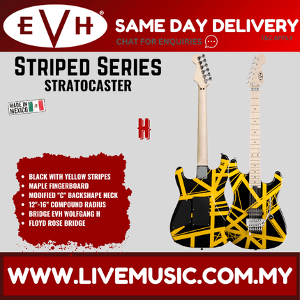 EVH Striped Series Stratocaster Electric Guitar, Maple FB, Black w/Yellow Stripes