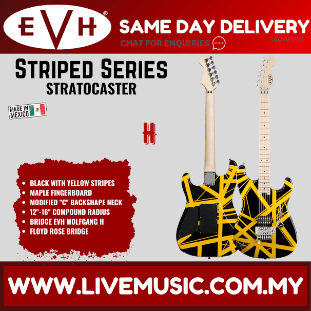 EVH Striped Series Stratocaster Electric Guitar, Maple FB, Black w/Yellow Stripes