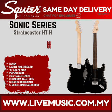 Squier Sonic Stratocaster HT H Electric Guitar w/Black Pickguard, Laurel FB, Black