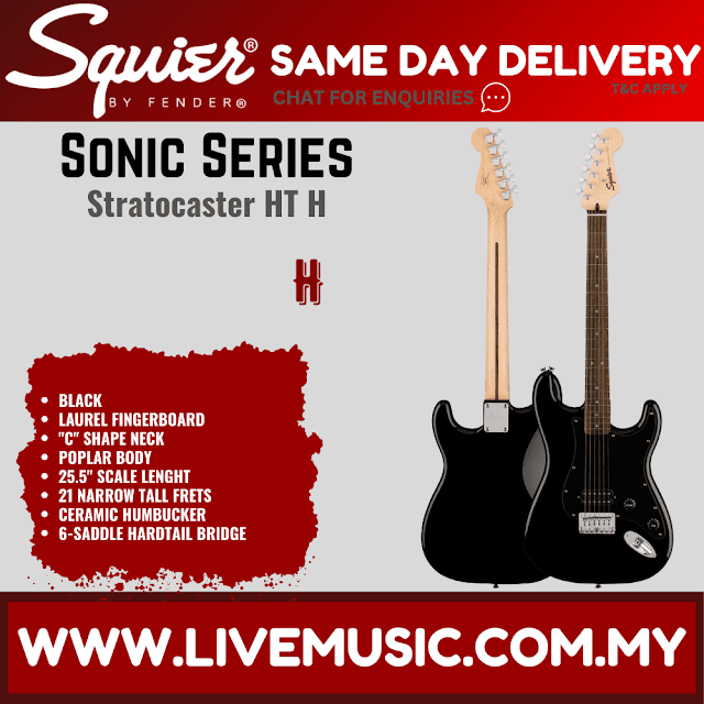 Squier Sonic Stratocaster HT H Electric Guitar w/Black Pickguard, Laurel FB, Black