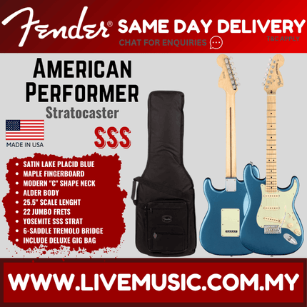 Fender American Performer Stratocaster Electric Guitar Maple FB, Satin Lake Placid Blue