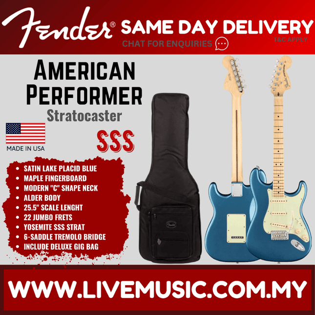Fender American Performer Stratocaster Electric Guitar Maple FB, Satin Lake Placid Blue