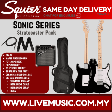 Squier Sonic Stratocaster Pack w/Gig Bag, Maple FB, 10G, 230V UK, Black