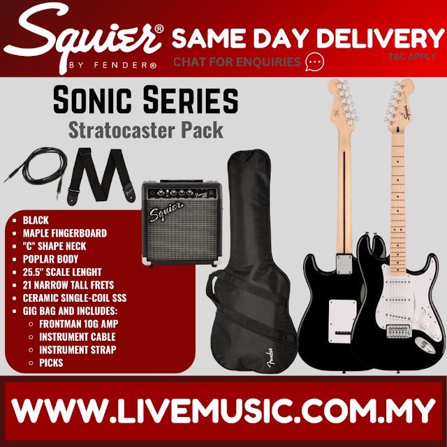 Squier Sonic Stratocaster Pack w/Gig Bag, Maple FB, 10G, 230V UK, Black