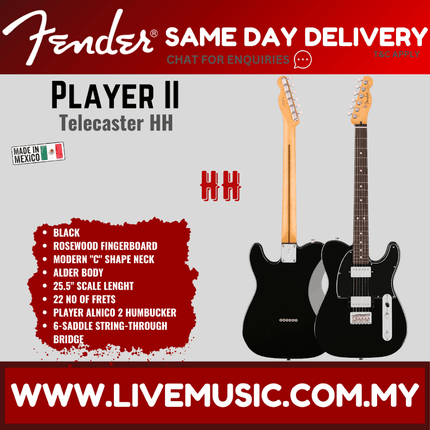 Fender Player II Telecaster HH Electric Guitar, RW FB - Black / Aquatone Blue